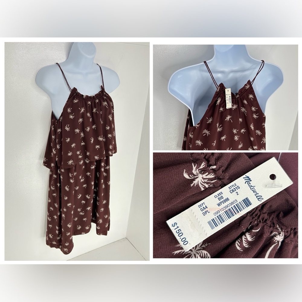 Madewell‎ NWT Silk Dress Size 2 Overlay Burgundy Palm Tree Resortwear Vacation